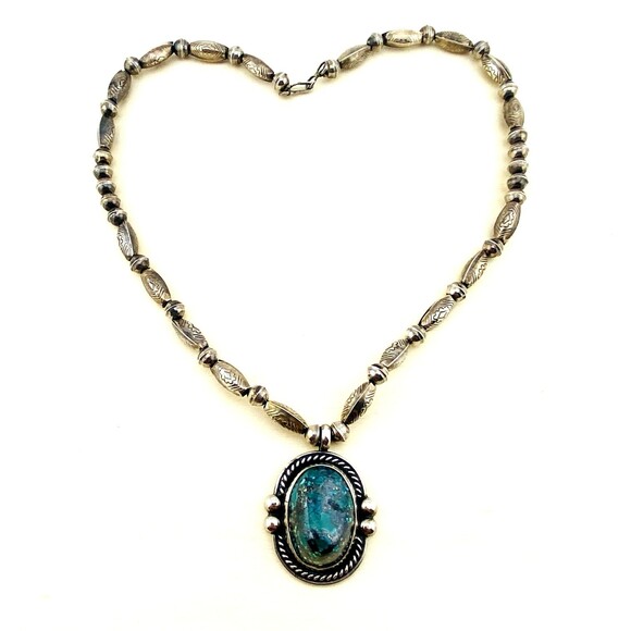 Hand Crafted Sterling Silver Pendant Necklace Large Turquoise Cab 17 In Tribal - Picture 11 of 12